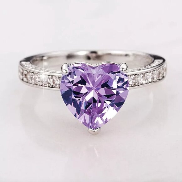 925 Sterling Silver Amethyst Diamond Heart Ring Purple Stone Ring - Picture 3 of 4